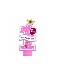 Lumanare tort roz coroana aurie 1 AN LA MULTI ANI 5x11cm
