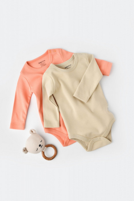 Set 2 body-uri cu maneca lunga bebe unisex -100% bumbac organic - Roz/Crem, BabyCosy (Marime: 9-12 luni)