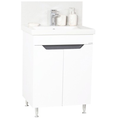 Baza si lavoar ceramic GN7561, mobilier baie stativ 60 cm, front MDF, 2 usi, 1 raft, picioare cromate reglabile, alb antracit foto