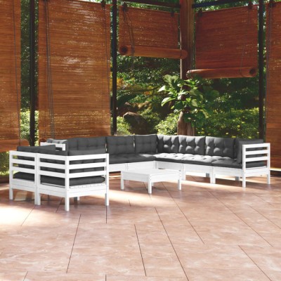 vidaXL Set mobilier grădină cu perne, 10 piese, alb, lemn masiv pin 3096906 foto