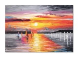 Cumpara ieftin Tablou pictat manual, Magia marii, apus de soare cu veliere, 70x50cm ulei pe panza in cutit efect 3D, Spectaculos