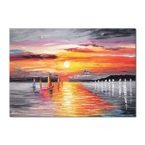 Tablou pictat manual, Magia marii, apus de soare cu veliere, 70x50cm ulei pe panza in cutit efect 3D, Spectaculos