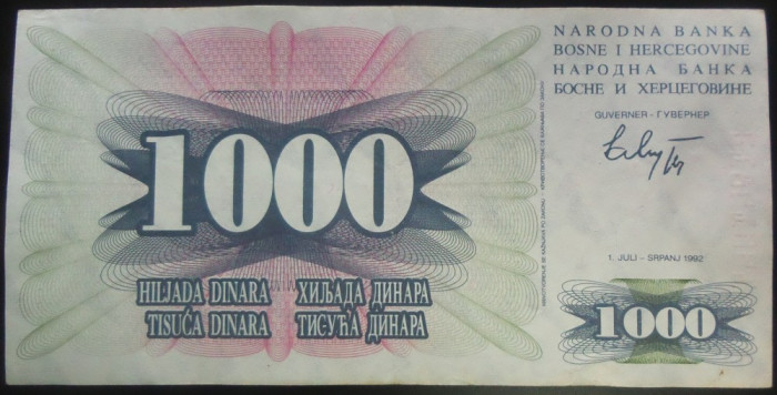 Bancnota 1000 DINARI - BOSNIA - HERTEGOVINA, anul 1992 * Cod 373 A