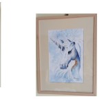E78. Tablou pictat manual, Unicorn, acuarela pe hartie A4, inramat, 32x42cm