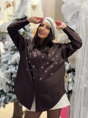 Camasa dama maro din bumbac cu fundite brodate