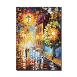Peisaj citadin, plimbare relaxanta pe aleea felinarelor, 70x50cm tablou pictat manual ulei pe panza, gata de agatat pe perete