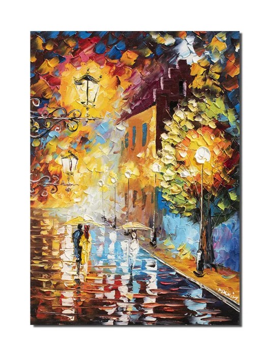 Tablou pictat manual, Peisaj citadin, plimbare relaxanta pe aleea felinarelor, 70x50cm ulei pe panza