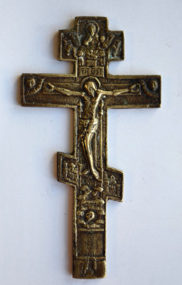 Crucifix ortodox vechi din bronz - lipovenesc - Rusia secol XIX foto