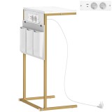 HOMCOM Măsuță de Sufragerie &icirc;n Formă de C cu Efect de Marmură și Porturi USB, Albă | Aosom Romania
