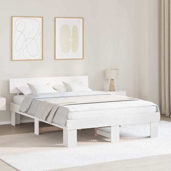 vidaXL Cadru de pat cu headboard Alb 150 x 200 cm Lemn masiv de pin 872564