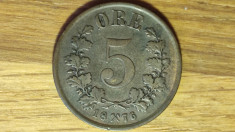 Norvegia - moneda f rara bronz - 5 ore 1876 - Oscar II - stare f buna foto