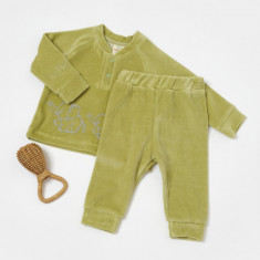 Set bluzita si pantaloni Elefant, 80%bumbac organic si 20% poliester - Verde, BabyCosy (Marime: 9-12 luni)
