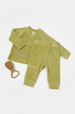 Set bluzita si pantaloni Elefant, 80%bumbac organic si 20% poliester - Verde, BabyCosy (Marime: 6-9 luni) foto
