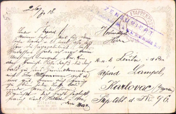 CP117 Carte poștală austro-ungară, 1918, cu ștampilă k.u.k. Etappenpost Radom și cenzură militară, Primul Război Mondial