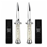 Cumpara ieftin Set de doua cutite cu lamă tip stiletto automate DEPOX&reg;, m&acirc;ner alb, 27 cm, cu husă inclusa