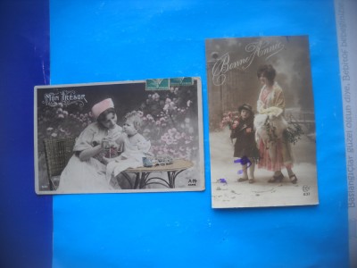 HOPCT 1757 MAMA / COPII--ROMANTICA-FRANTA-LOT 2 CARTI POSTALE VECHI-CIRCULATE foto