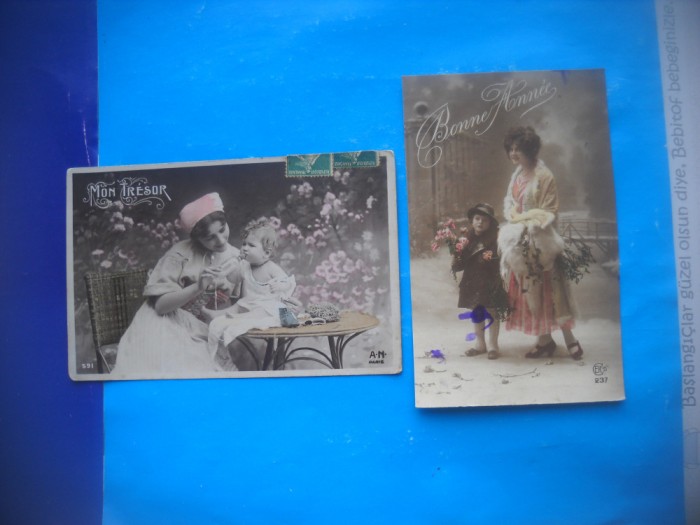 HOPCT 1757 MAMA / COPII--ROMANTICA-FRANTA-LOT 2 CARTI POSTALE VECHI-CIRCULATE