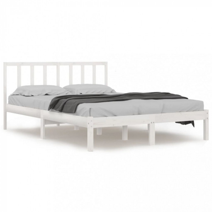 Cadru pat 5FT King Size, alb, 150x200 cm, lemn masiv de pin