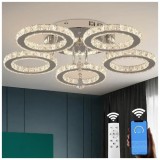 Lustra LED cu telecomanda si cristal ALANUBIS, 61W, 5 Cercuri, lumina Rece/Calda/Neutra, Dimabila, Crom Lucios