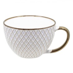 Ceașcă Ceramică, Model Romburi, Culoare Bej și Bronz, Capacitate 310 ml