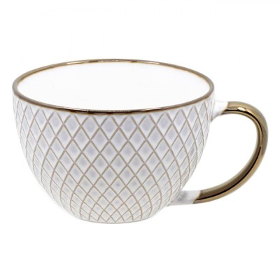 Ceașcă Ceramică, Model Romburi, Culoare Bej și Bronz, Capacitate 310 ml foto