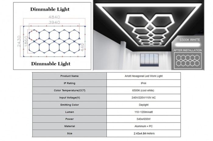 Sistem de Iluminare Plafon Hexagon / HoneyComb 3,94 x 1,86 m Lumina Ajustabila Performance AutoTuning