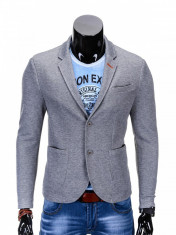 Sacou pentru barbati, gri-deschis, casual, slim fit, cu buzunare aplicate, elegant, inchidere doi nasturi - M80 foto