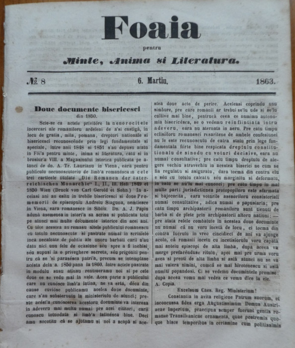 Foaia pentru minte , inima si literatura , nr. 8 , 1863 , Brasov , I. Muresanu