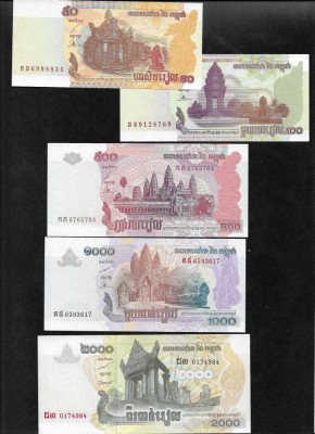 Set Cambogia Cambodgia 50 + 100 + 500 + 1000 + 2000 riels unc foto