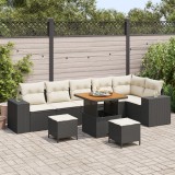 Set canapea grădină vidaXL 9 piese, negru, poli ratan, lemn de acacia, Set mese grădină vidaXL 3 piese, negru, poli ratan, lemn de acacia