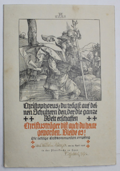 GRAVURA &#039; SFANTUL CHRISTOPHOR &#039; de ALBRECHT DURER, REPRODUCERE , 1938 , VEZI DESCRIEREA !