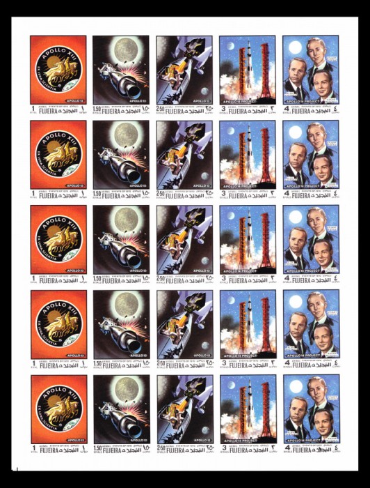 ✅Fujeira 1970 &quot;Misiunile spatiale Apollo 13/14 &quot; , serie minicoala nedantelata de 5 serii , Mi.470/474B , CV. 75 &euro; , MNH