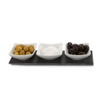 Set servire Rominox Tre Ardesia, 3 boluri ceramica, placa ardezie, aperitive si sosuri