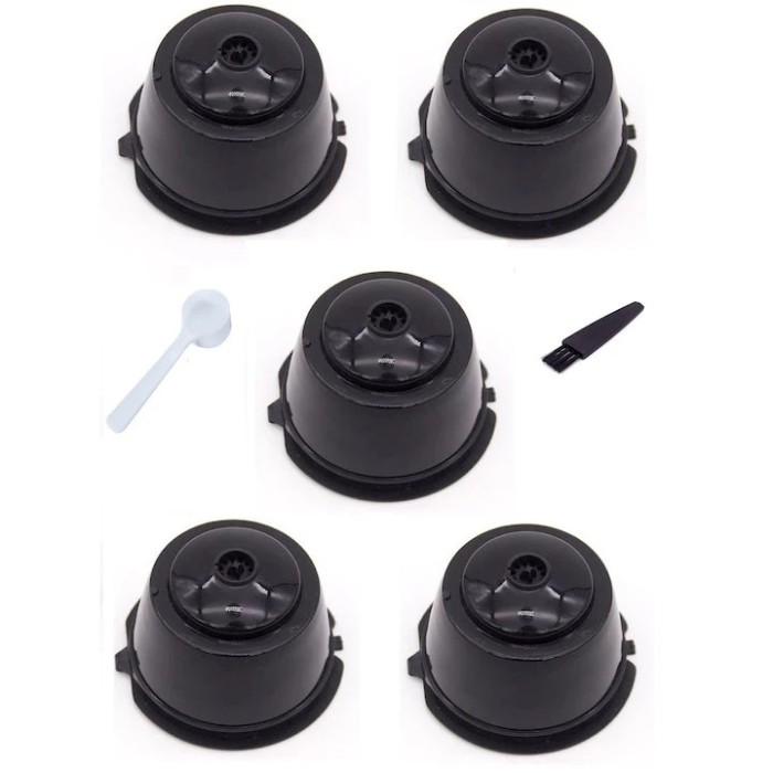 Set 5 Capsule cafea, reutilizabila, reincarcabila, compatibil Dolce Gusto, negru, cu periuta si lingurita