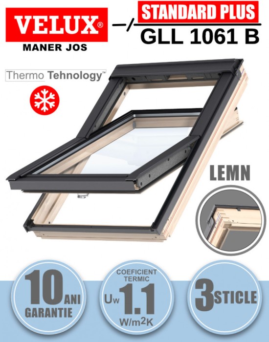 Fereastra mansarda Velux GLL 1061B, lemn, 3 sticle, maner jos