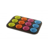 Cumpara ieftin Tava pentru briose Vanora, 12 forme, 35 x 26.5 x 3 cm, otel carbon, forme silicon incluse