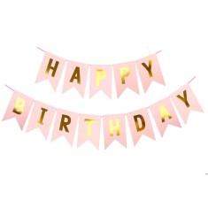 Banner happy birthday 100x200 cm, flippy, dimensiune stegulet 11.5x16.5 cm, rola de ata inclusa, roz