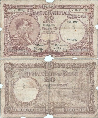 1940 (3 Ianuarie), 20 Francs (P-98c) - Belgia foto