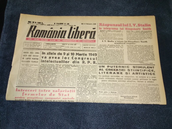 ZIARUL ROMANIA LIBERA 3 FEBRUARIE 1949