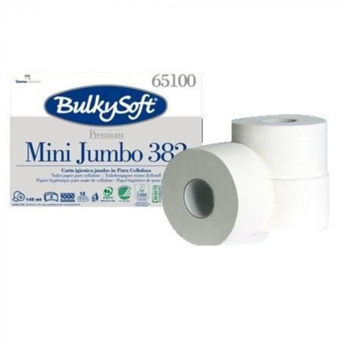 Hartie Igienica Bulkysoft Premium Mini Jumbo, 2 Straturi, 12 Role/Bax, 145 m/Rola, Hartie Igienica la Bax, Hartie Igienica Alba, Hartie Igienica Bulky
