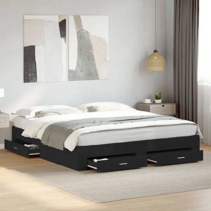 Gossi cadru de pat cu sertare, negru, 180x200 cm, lemn prelucrat