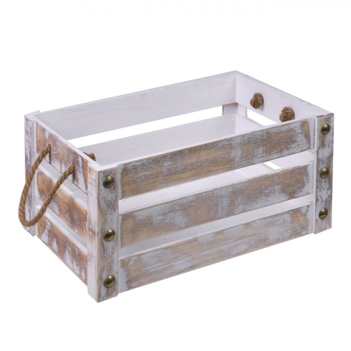 Ladă Decorativă Lemn, Model Alb Auriu, 36.5x25x18 cm, M&acirc;nere Fr&acirc;nghie Groasă