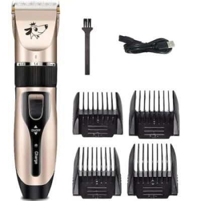 Masina de tuns animale, FOXMAG24, cu functie wireless, lame ceramice, 4 tipuri de pieptane, buton ON-OFF, auriu foto