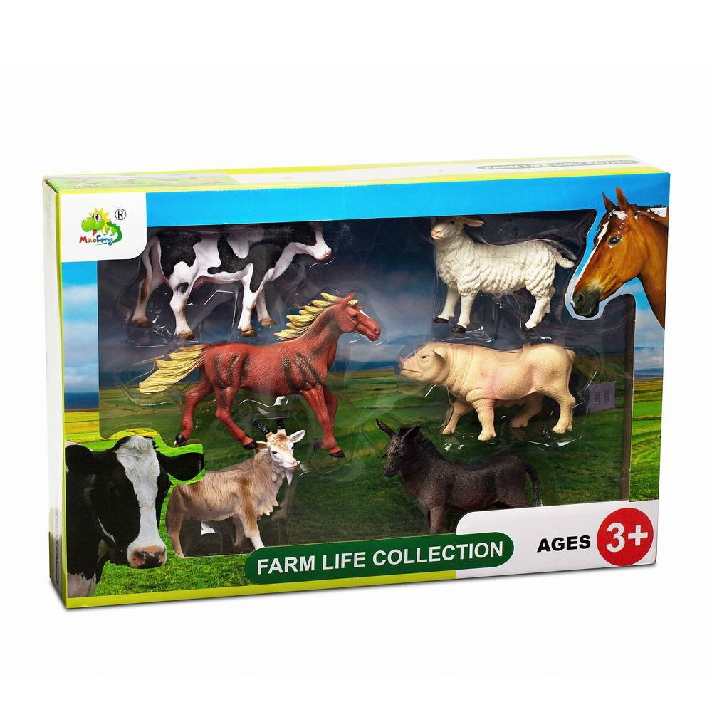 Set sase figurine animale domestice de la ferma, vacuta, oita, cal si  altele, 17-20 cm lungime figurina, pentru copii | Okazii.ro