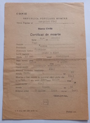 Certificat de moarte, 1964, Cluj foto