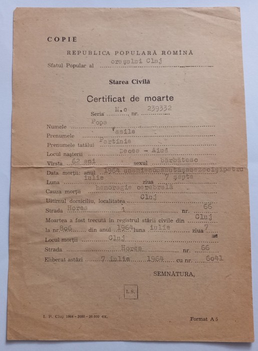 Certificat de moarte, 1964, Cluj