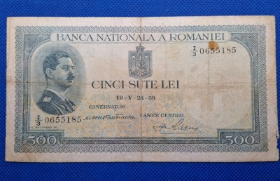 500 lei 1939 supratipar, seria I3 0655185 , stare slabă foto