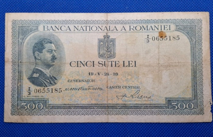 500 lei 1939 supratipar, seria I3 0655185 , stare slabă