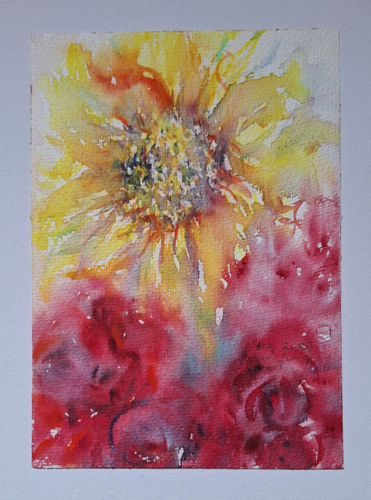 Pictura in acuarela neinramata - flori rosii si floarea soarelui, 2010, 17x24 cm