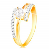 Inel de aur de 14 K - brațe divizate, zirconiu rotund și transparent - Marime inel: 58